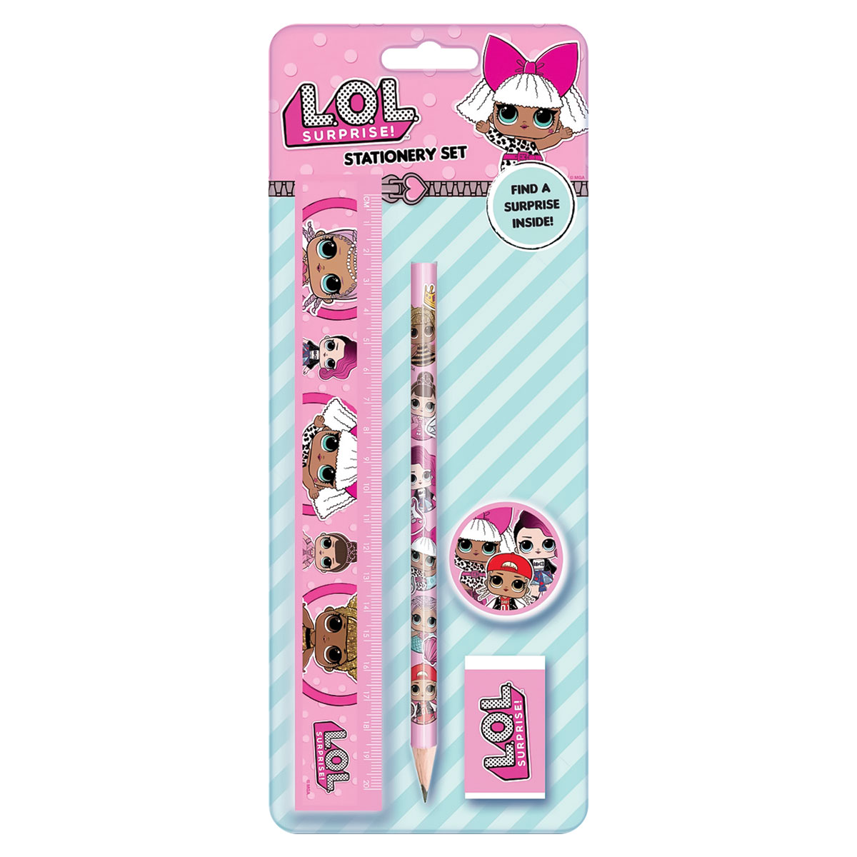 LOL-Set 4 peças (régua 20cm+lápis+borracha+afia) em Blister